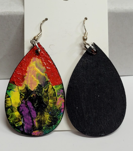 L2. One of a kind hand painted, gloss sealed teardrop earrings on high quality natural wood, with Hypoallergenic 925 Silver Earring Hooks