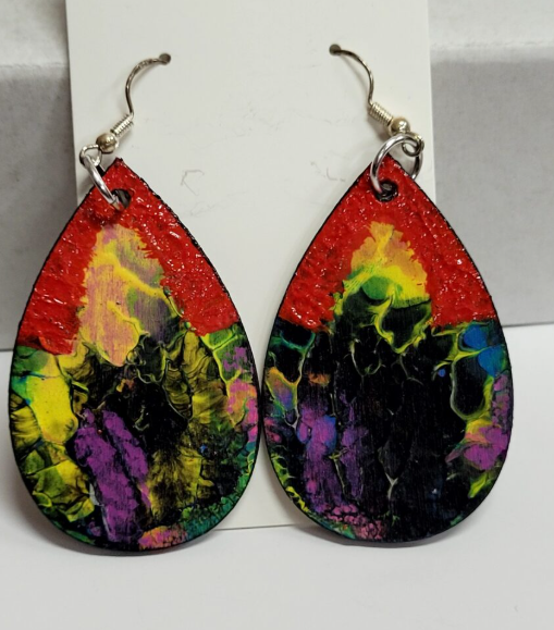 L2. One of a kind hand painted, gloss sealed teardrop earrings on high quality natural wood, with Hypoallergenic 925 Silver Earring Hooks