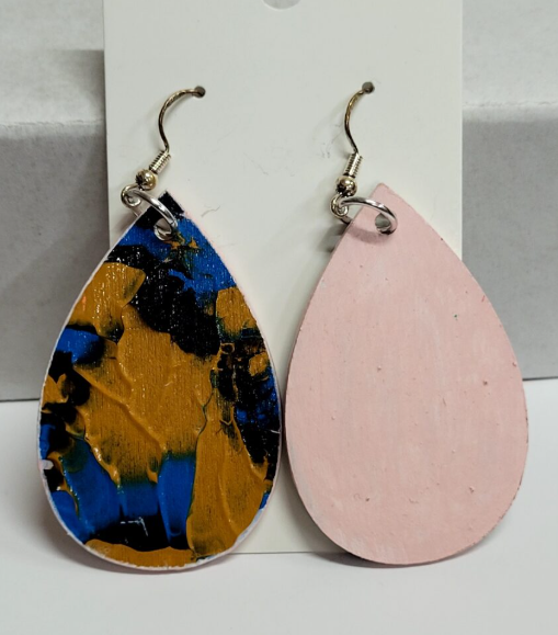 L7. One of a kind hand painted, gloss sealed teardrop earrings on high quality natural wood, with Hypoallergenic 925 Silver Earring Hooks