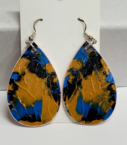 L7. One of a kind hand painted, gloss sealed teardrop earrings on high quality natural wood, with Hypoallergenic 925 Silver Earring Hooks