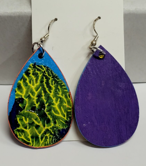 L5. One of a kind hand painted, gloss sealed teardrop earrings on high quality natural wood, with Hypoallergenic 925 Silver Earring Hooks