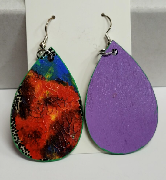 L4. One of a kind hand painted, gloss sealed teardrop earrings on high quality natural wood, with Hypoallergenic 925 Silver Earring Hooks
