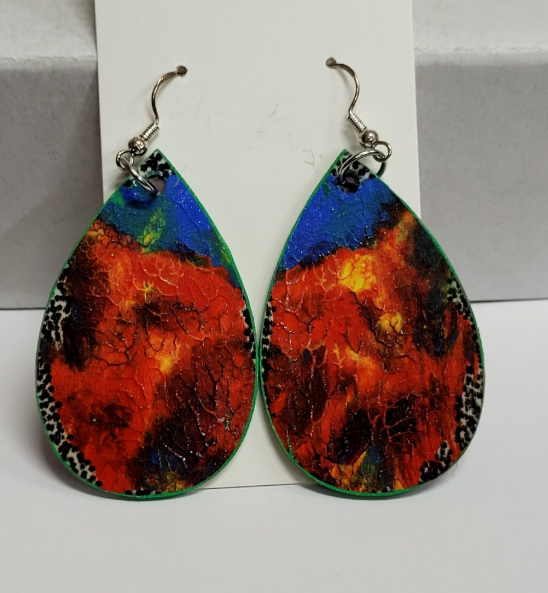 L4. One of a kind hand painted, gloss sealed teardrop earrings on high quality natural wood, with Hypoallergenic 925 Silver Earring Hooks