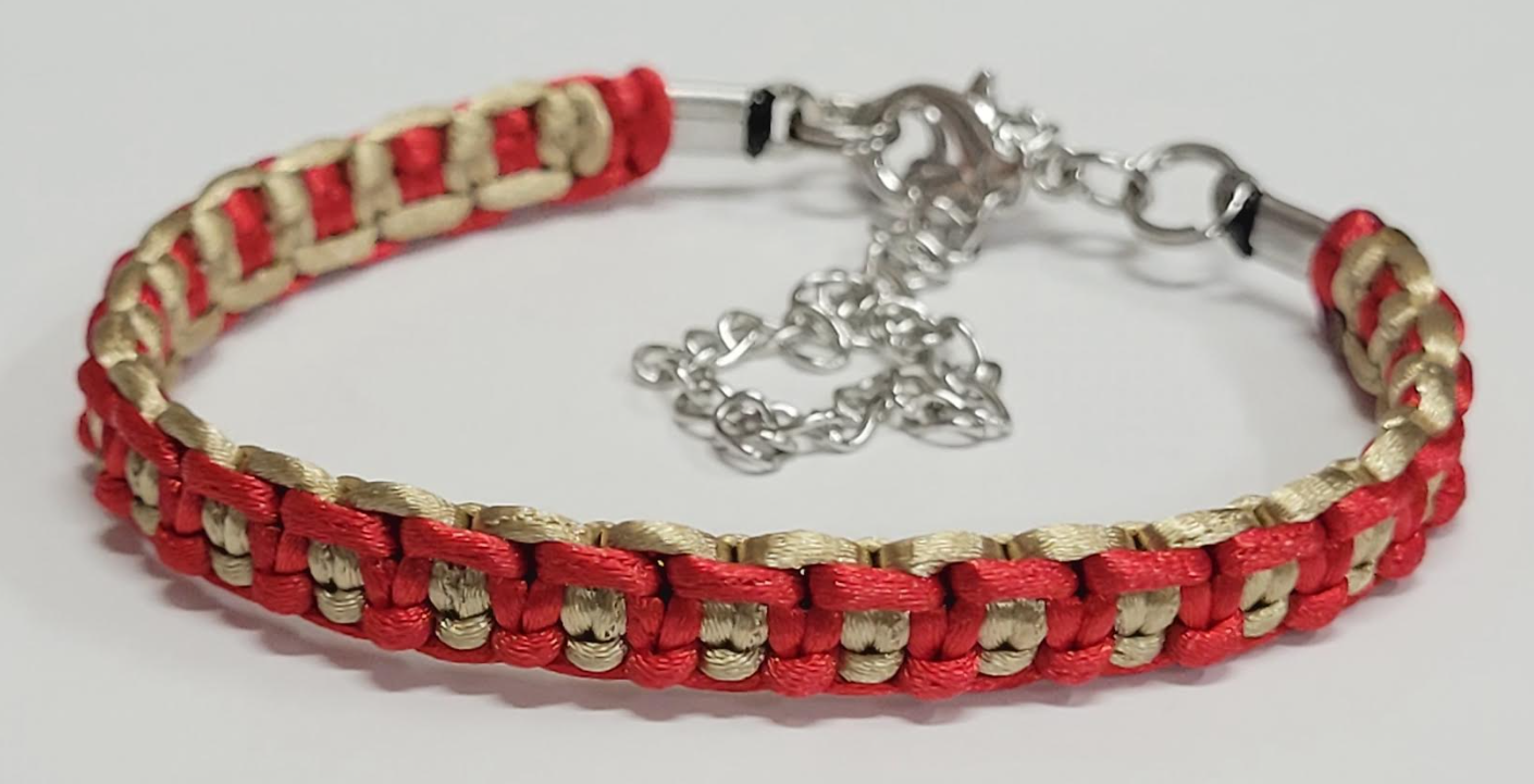 Red & Tan Macrame Bracelet/Anklet fits from 6.5 to 10 inches, durable 316 stainless steel accents.
