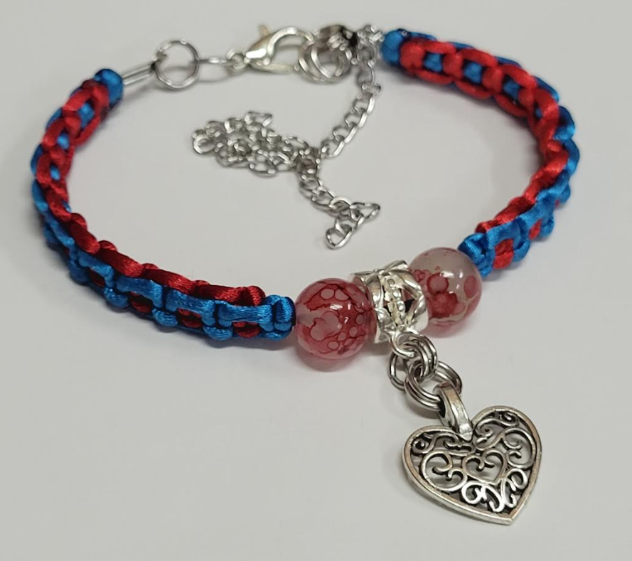 Red & Blue Macrame Bracelet/Anklet with Glass Beads, Zinc Alloy Heart pendant with adjustable from 6.5 to 10 inches, showcasing resilient 316 stainless steel accents.