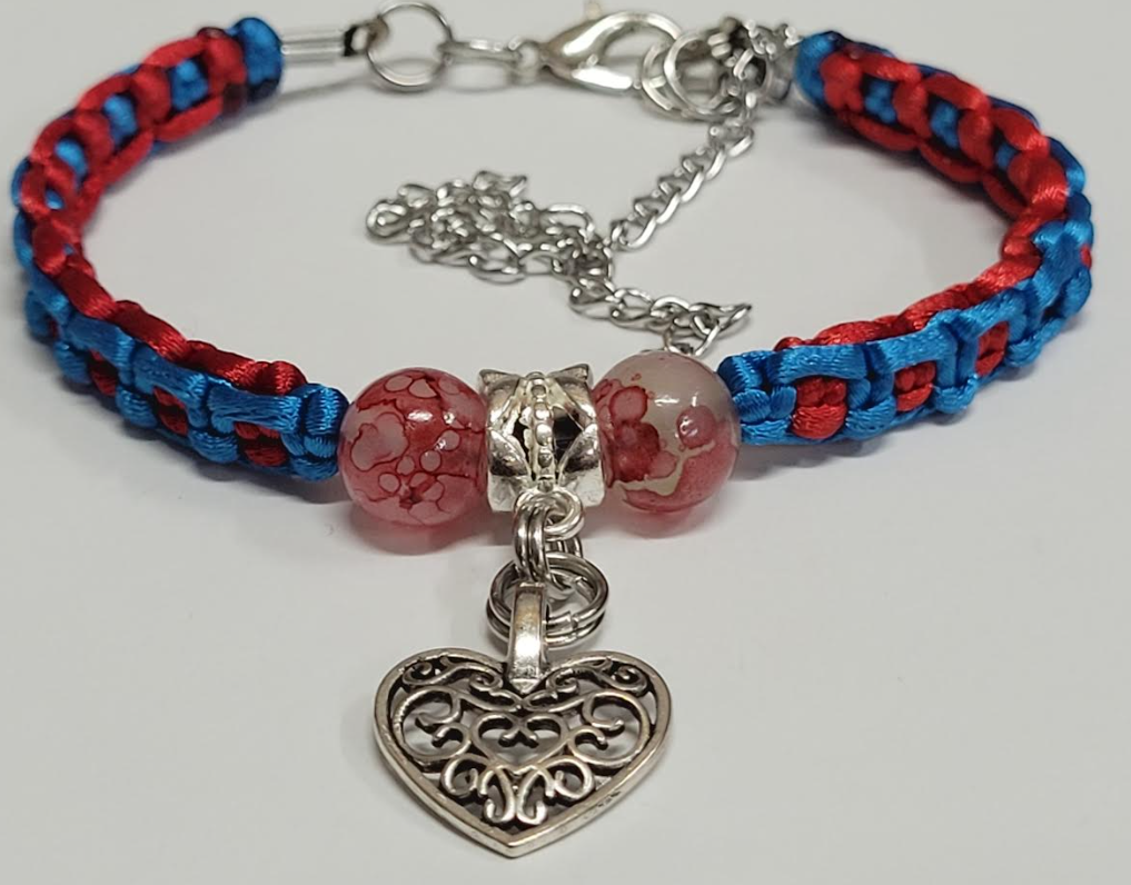 Red & Blue Macrame Bracelet/Anklet with Glass Beads, Zinc Alloy Heart pendant with adjustable from 6.5 to 10 inches, showcasing resilient 316 stainless steel accents.