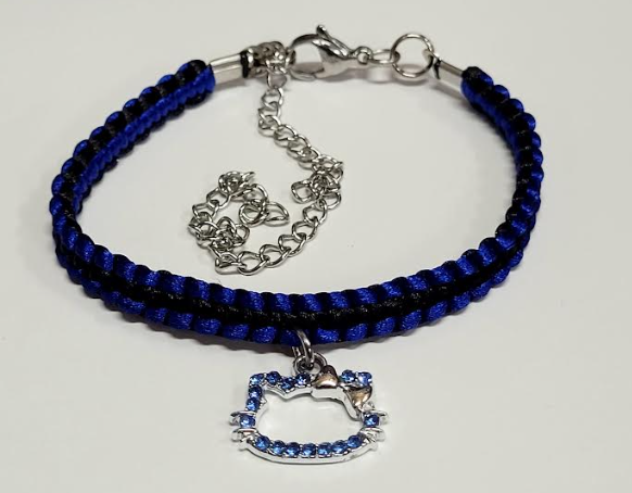 Blue & Black Macrame Bracelet/Anklet with Cat Charm fits from 6.5 to 10 inches, durable 316 stainless steel accents.