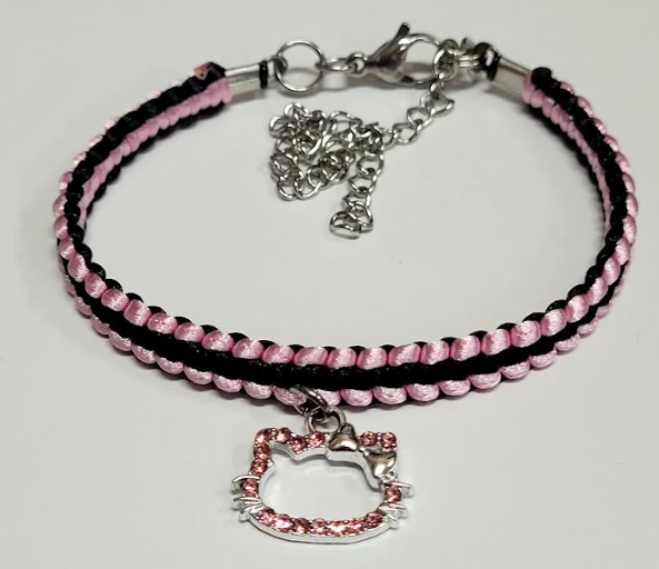 Pink & Black Macrame Bracelet/Anklet with Cat Charm fits from 6.5 to 10 inches, durable 316 stainless steel accents.