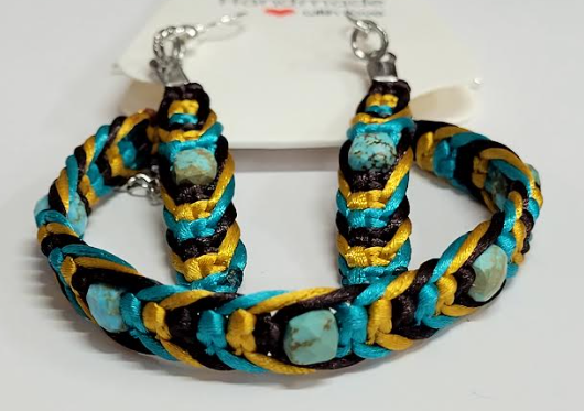 Brown, Teal & Gold Macrame Bracelet & Earrings Set with American Turquoise Spiderweb Matrix gemstones