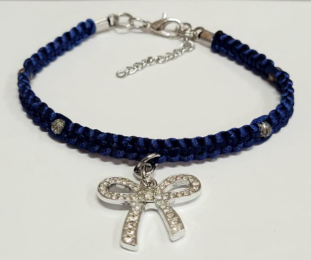 Dark Blue Macrame Bracelet/Anklet featuring a Silver Bow, fits from 6.5 to 10 inches, durable 316 stainless steel accents.