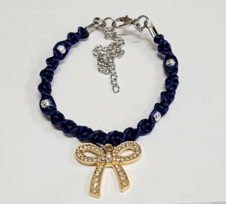 Dark Blue Twisted Macrame Bracelet/Anklet featuring a Gold Bow, fits from 6.5 to 10 inches, durable 316 stainless steel accents.