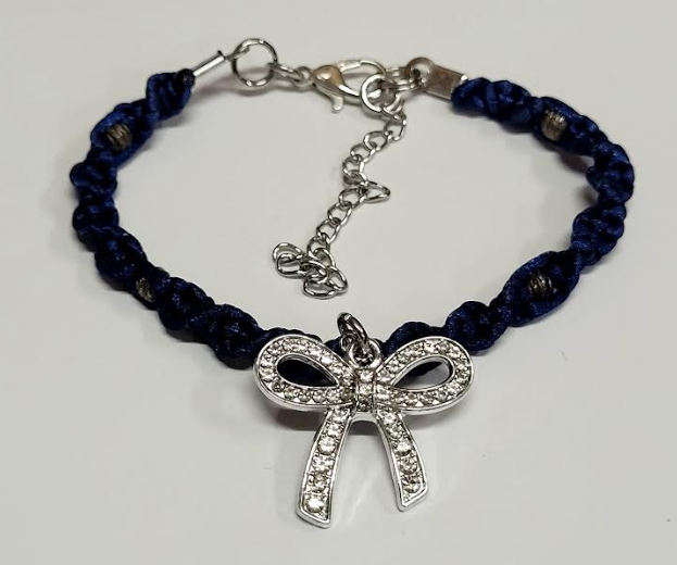 Dark Blue Twisted Macrame Bracelet/Anklet featuring a Silver Bow, fits from 6.5 to 10 inches, durable 316 stainless steel accents.