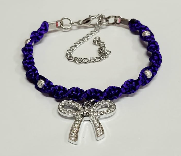 Purple Twisted Macrame Bracelet/Anklet featuring a Silver Bow, fits from 6.5 to 10 inches, durable 316 stainless steel accents.