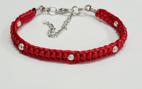 Red Macrame Bracelet/Anklet with Silver beads fits from 6.5 to 10 inches, durable 316 stainless steel accents.
