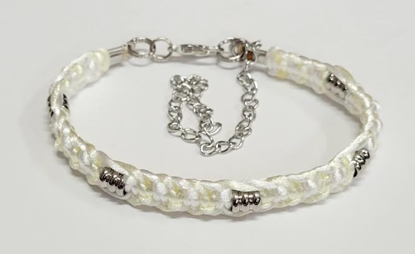 White Macrame Bracelet/Anklet fits from 6.5 to 10 inches, durable 316 stainless steel accents.