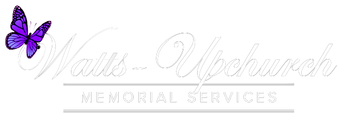 Logo for Watts-Upchurch Memorial Services featuring a purple butterfly and white text on a dark background.