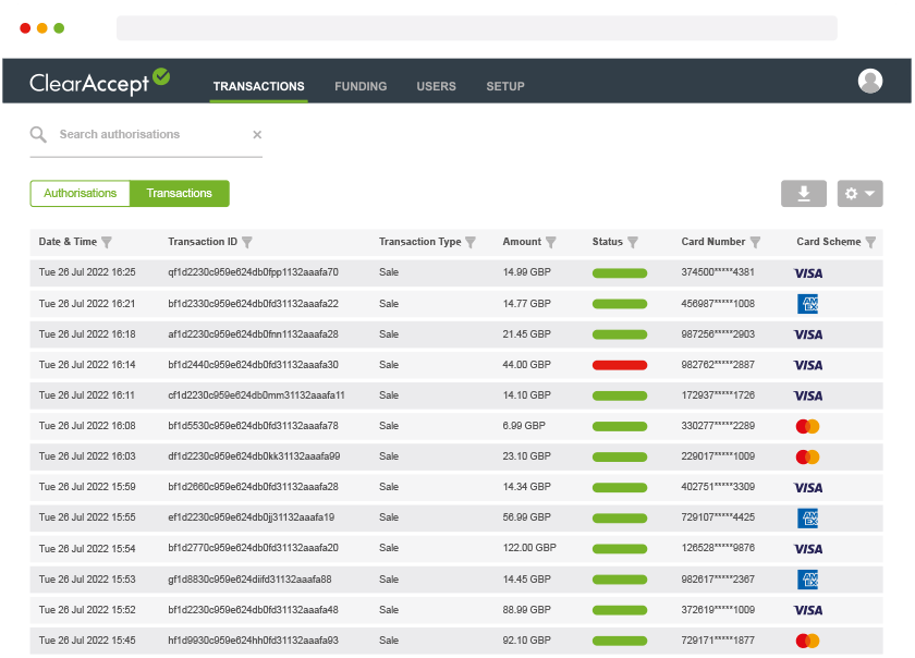a screenshot of a clear accept website showing a list of transactions