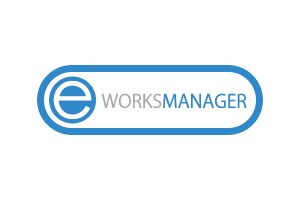 EWorksManager logo: Blue rounded rectangle with a blue 
