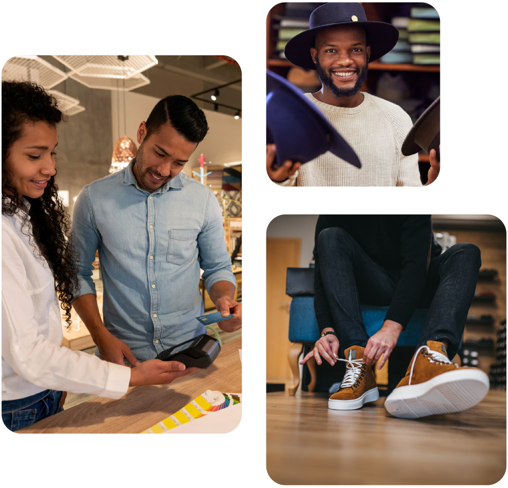 Retail customers purchasing furniture, hats and shoes