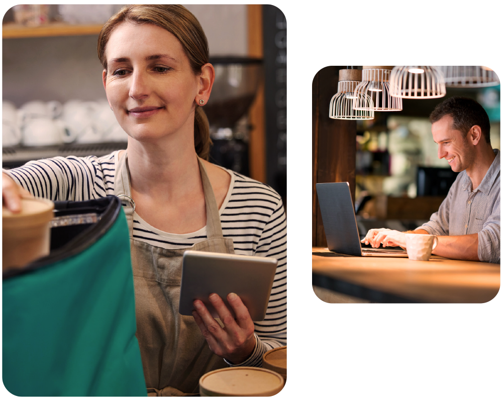 Online food order being prepared and restaurant manager on laptop