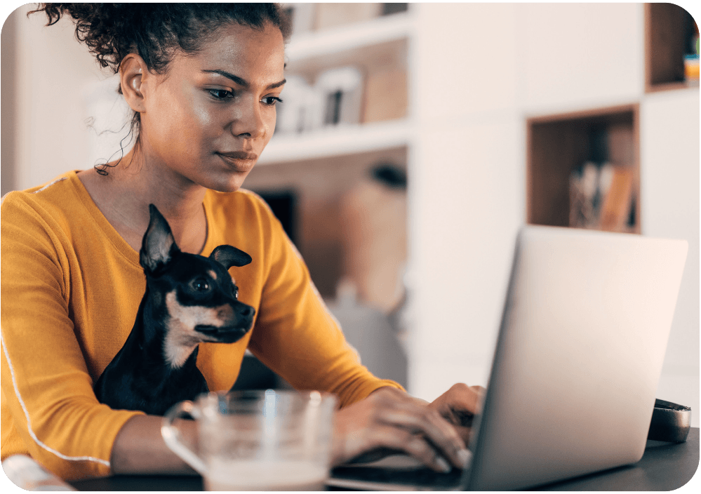 Customer with pet paying an invoice ahead of time