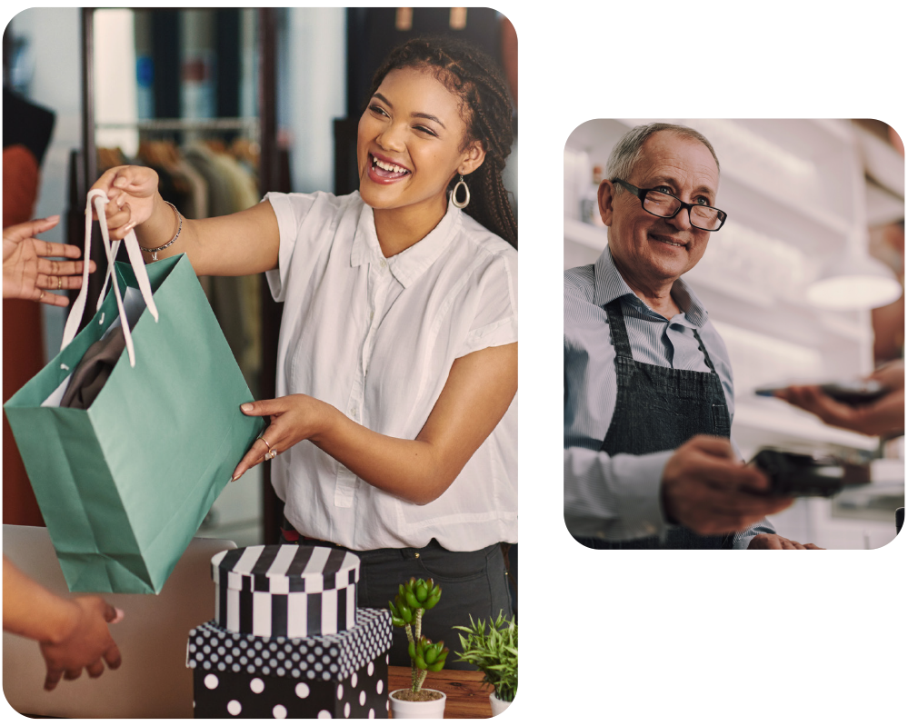 Customers paying for and receiving goods in store