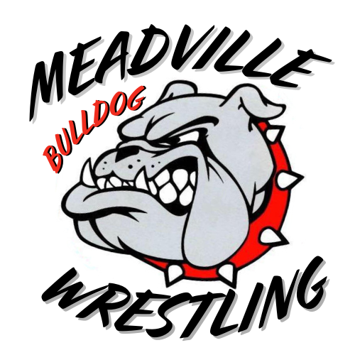 A logo for meadville bulldog wrestling with a bulldog wearing a red collar.