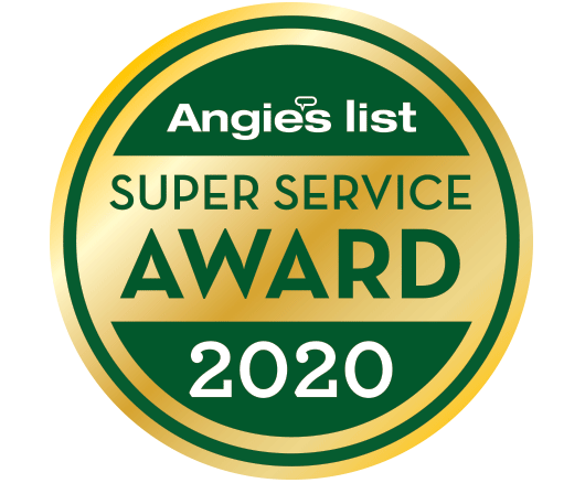 Angie's List Super Service Award 2020 badge. Green text on a gold and green circular emblem.