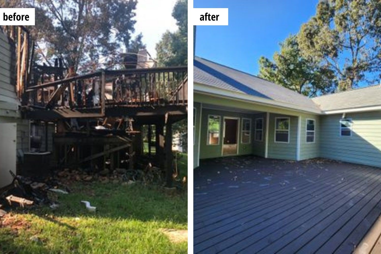 before and after comparison of a fire damaged home