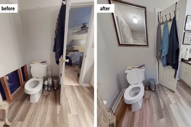 Bathroom remodel before and after. The before shows a partially dismantled wall next to the toilet. The after reveals a completed bathroom with a mirror and towels.