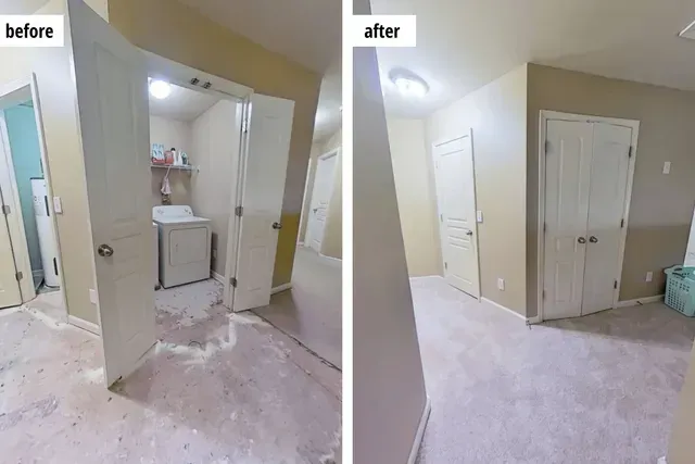 Comparison of a hallway before and after renovation. The