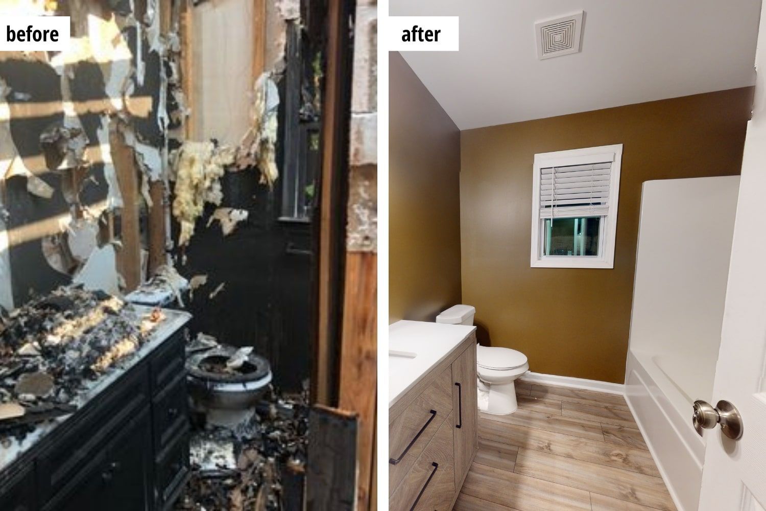 Fire damage before and after Creekstone