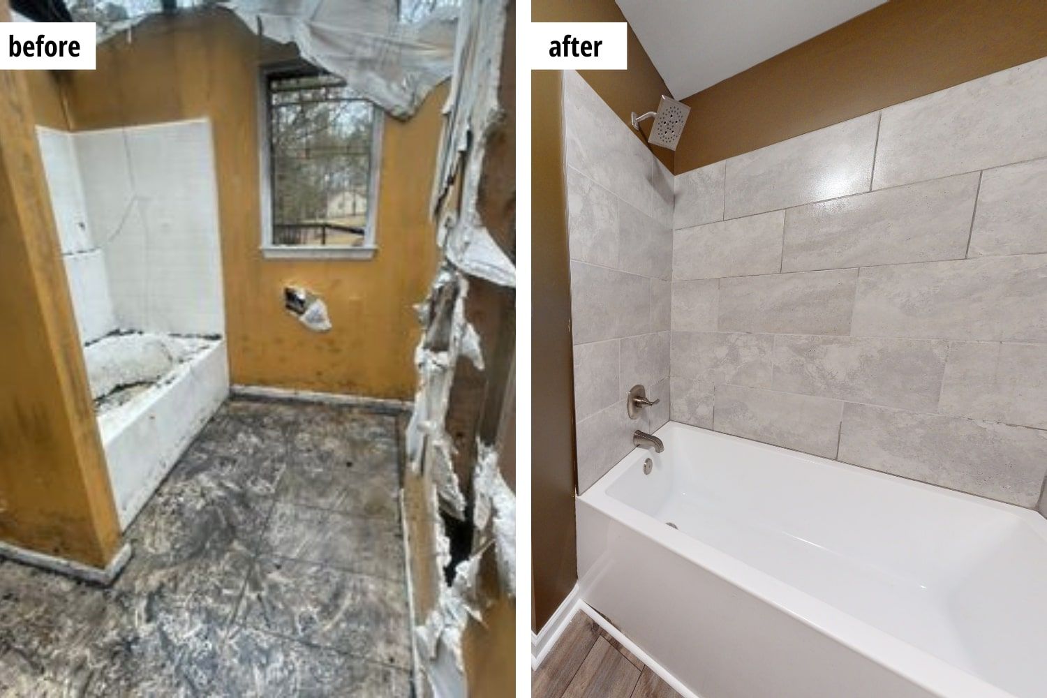Bathroom before and after renovation. The