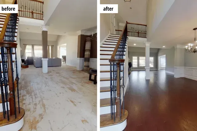 Before and after photos of a home entryway. The 'before' shows worn light-colored flooring, the 'after' features glossy, dark flooring with updated paint and finishes.