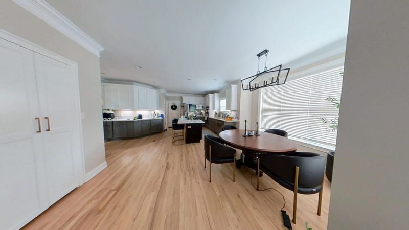Kitchen with repaired ceiling and restored finishes
