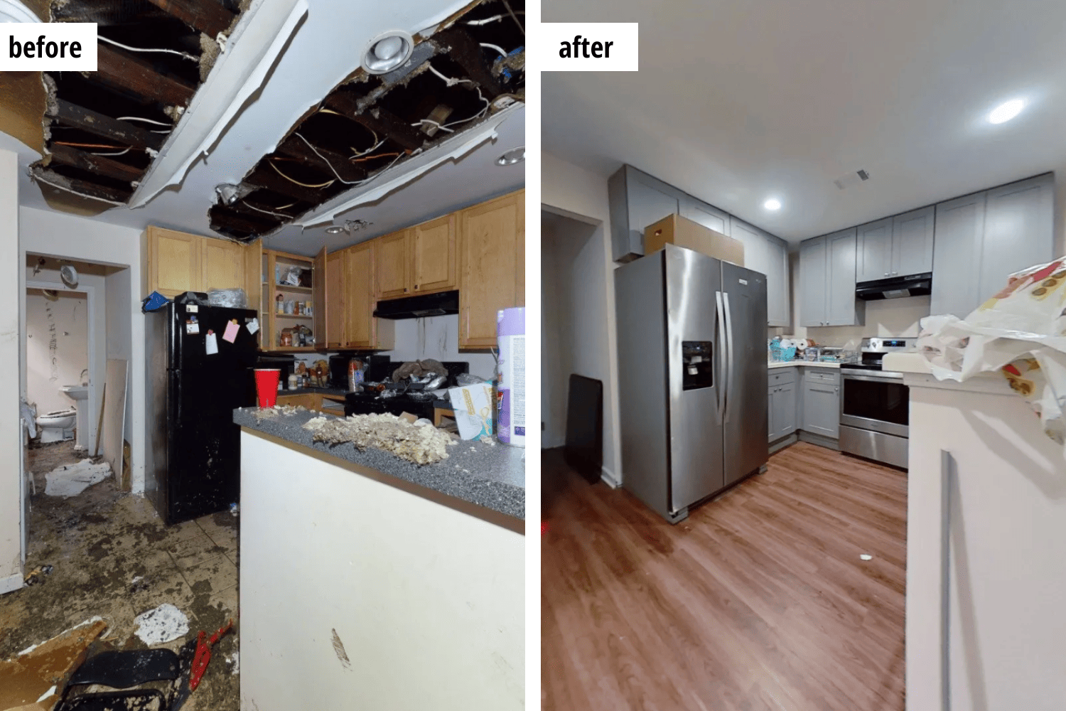 Kitchen before and after renovation. Damaged kitchen with collapsed ceiling and debris transformed to a modern kitchen with new cabinets, appliances, and flooring.
