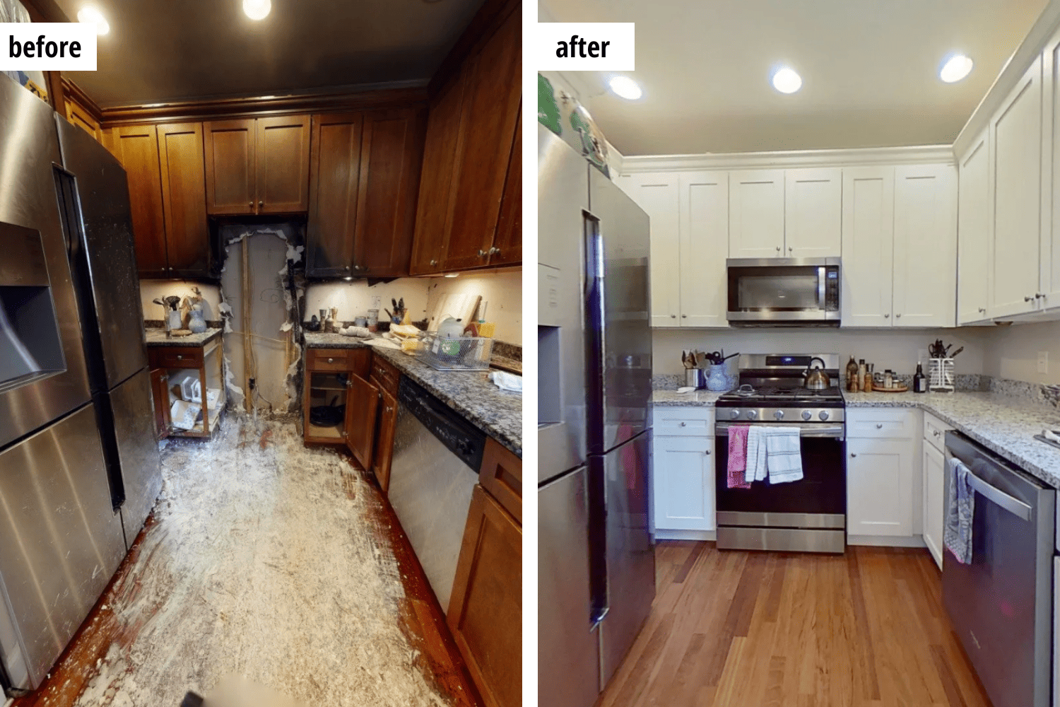 Before and after kitchen remodel. Dark wooden cabinets replaced with white ones, new flooring, and updated appliances.