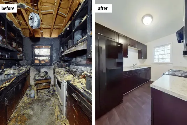 Kitchen renovation before and after a fire. The