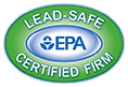 Lead-Safe EPA Certified Firm badge. Oval green and white badge with blue EPA logo. Text reads