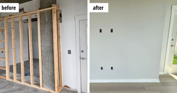 Before and after photos of a wall being constructed. The