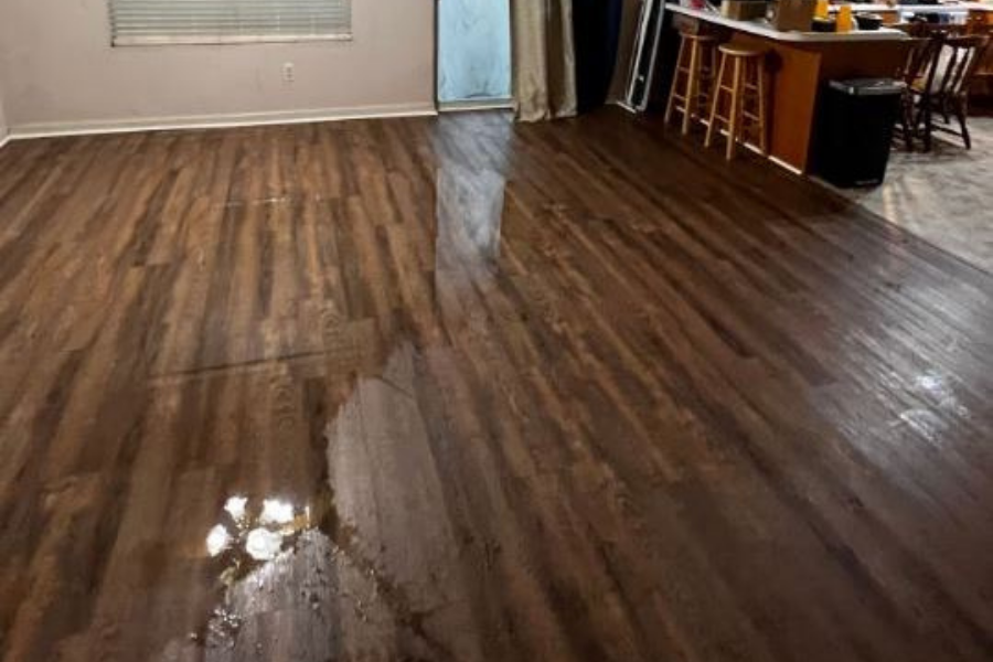 Professional water damage inspection showing standing water in a residential home requiring immediate assessment