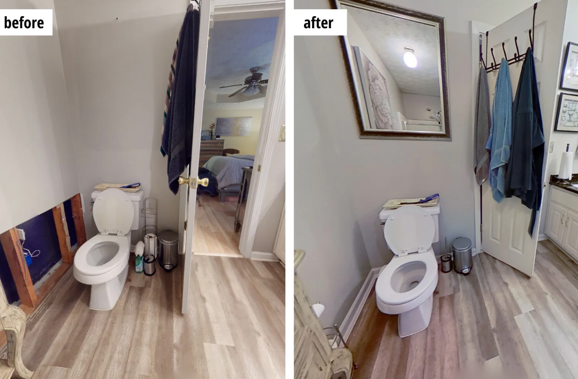before after picture of bathroom that was restored after a flood