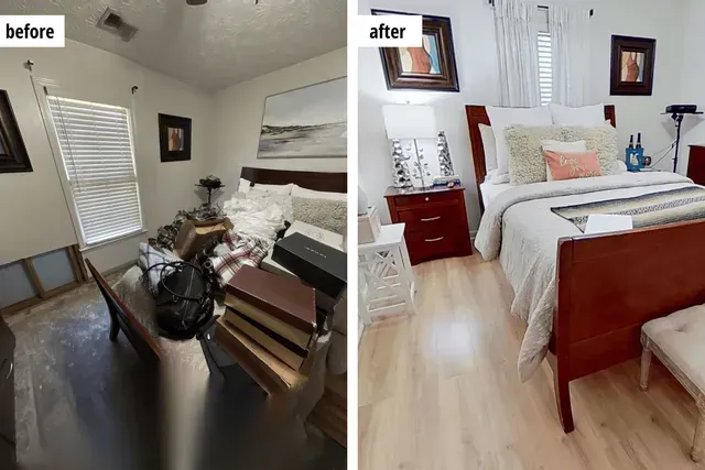 Before and after shots of a bedroom. The