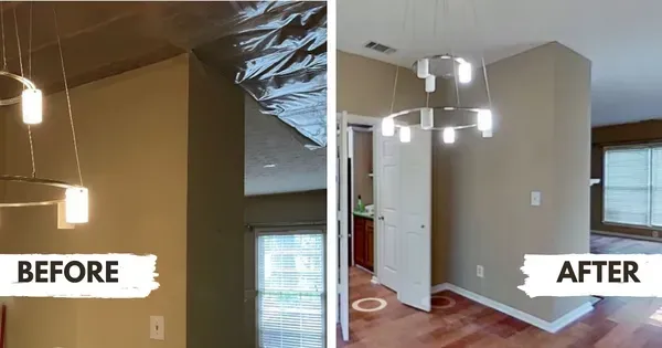 Before-and-after showing a room renovation: the before shows a partially covered ceiling; the after displays a renovated room with a chandelier and white door.