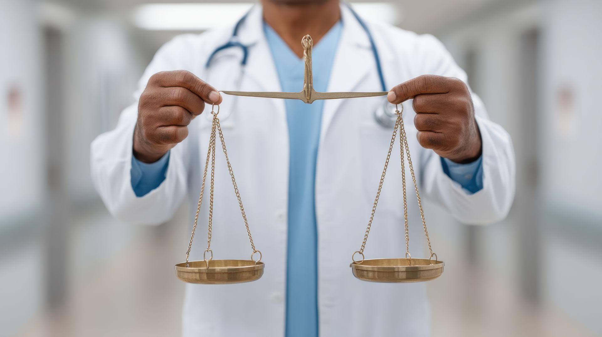 Doctor holding a balanced scale in a hospital hallway, representing medical malpractice in Miami.