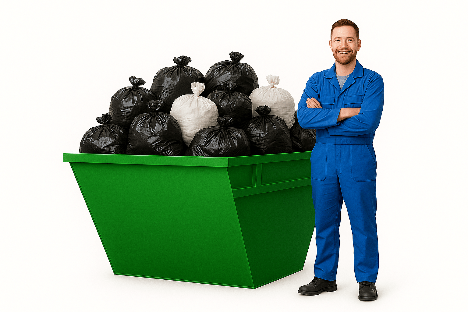 12 yard skip full of black and white bags, beside man in blue for skip size reference