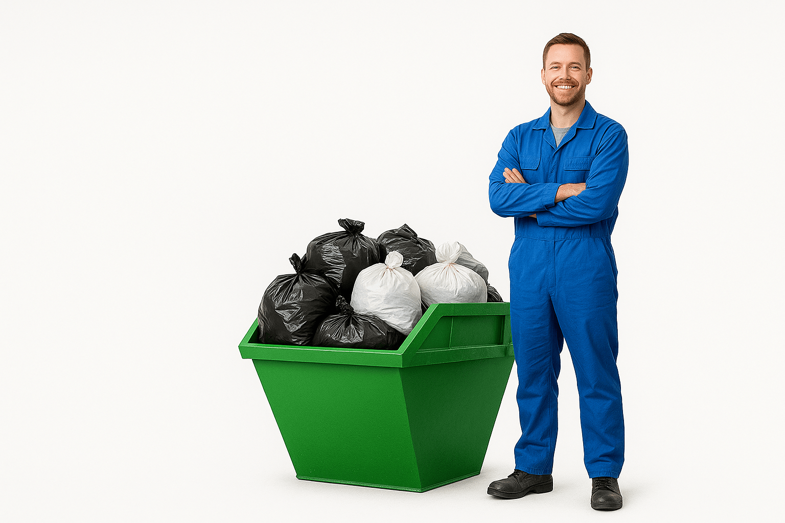 2 yard green skip with waste bags, beside man in blue overalls for size reference
