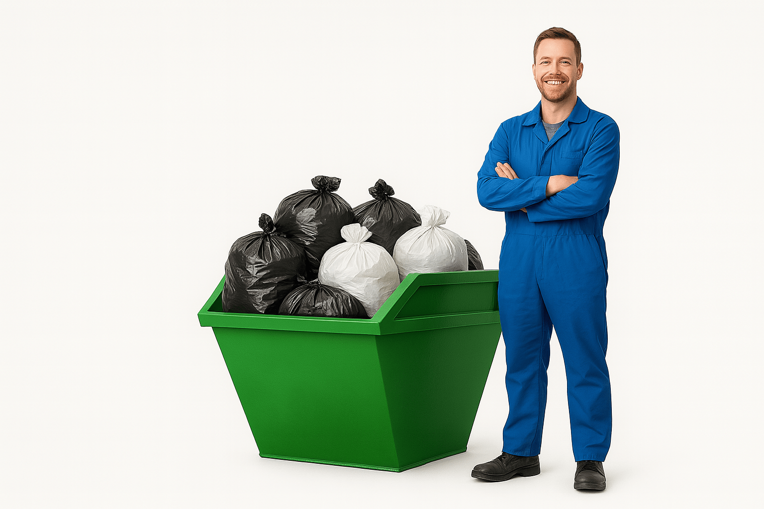 4 yard green skip loaded with bags, shown next to person for scale comparison