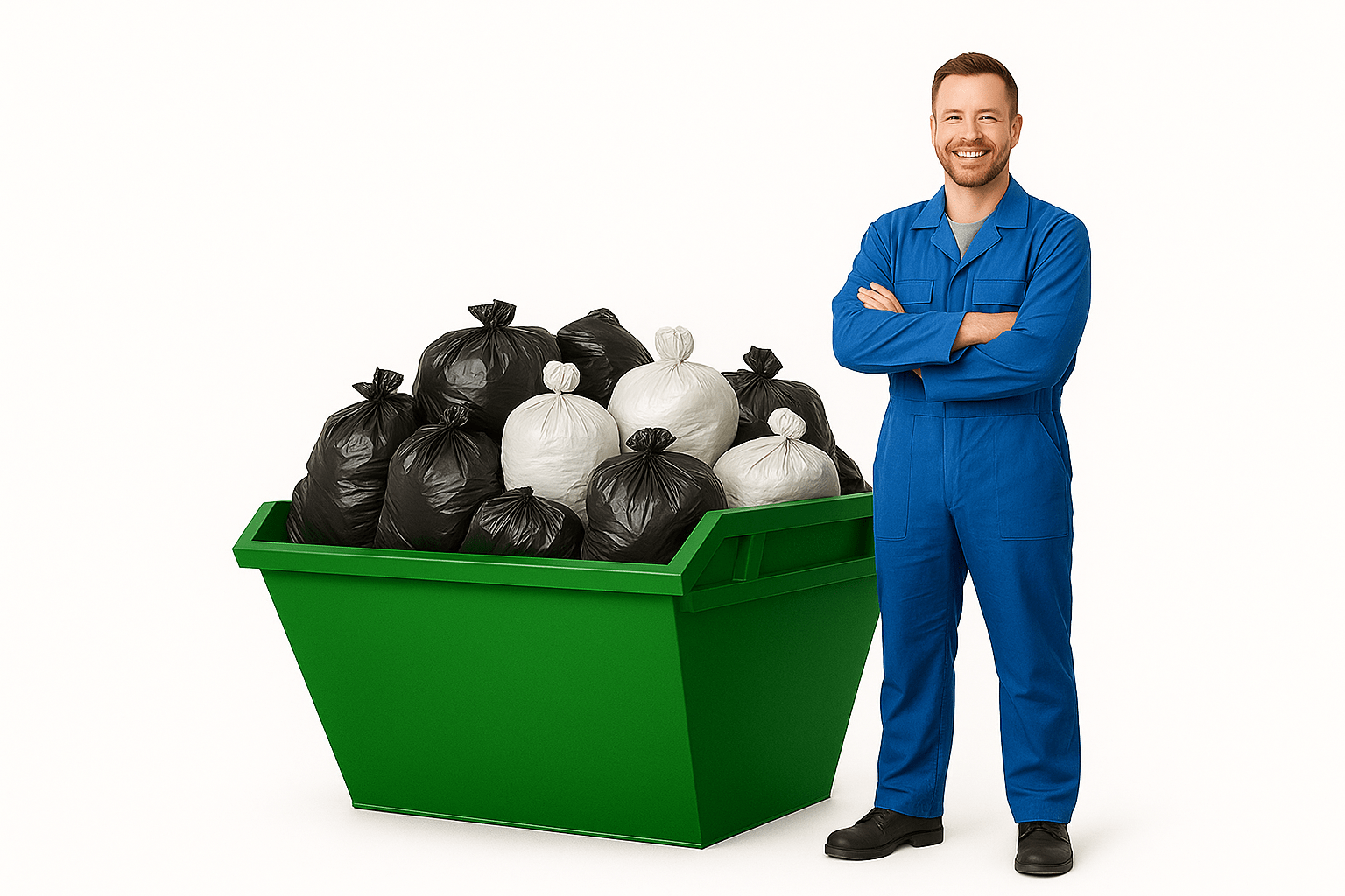 6 yard skip filled with rubbish bags, beside man in blue overalls for visual scale