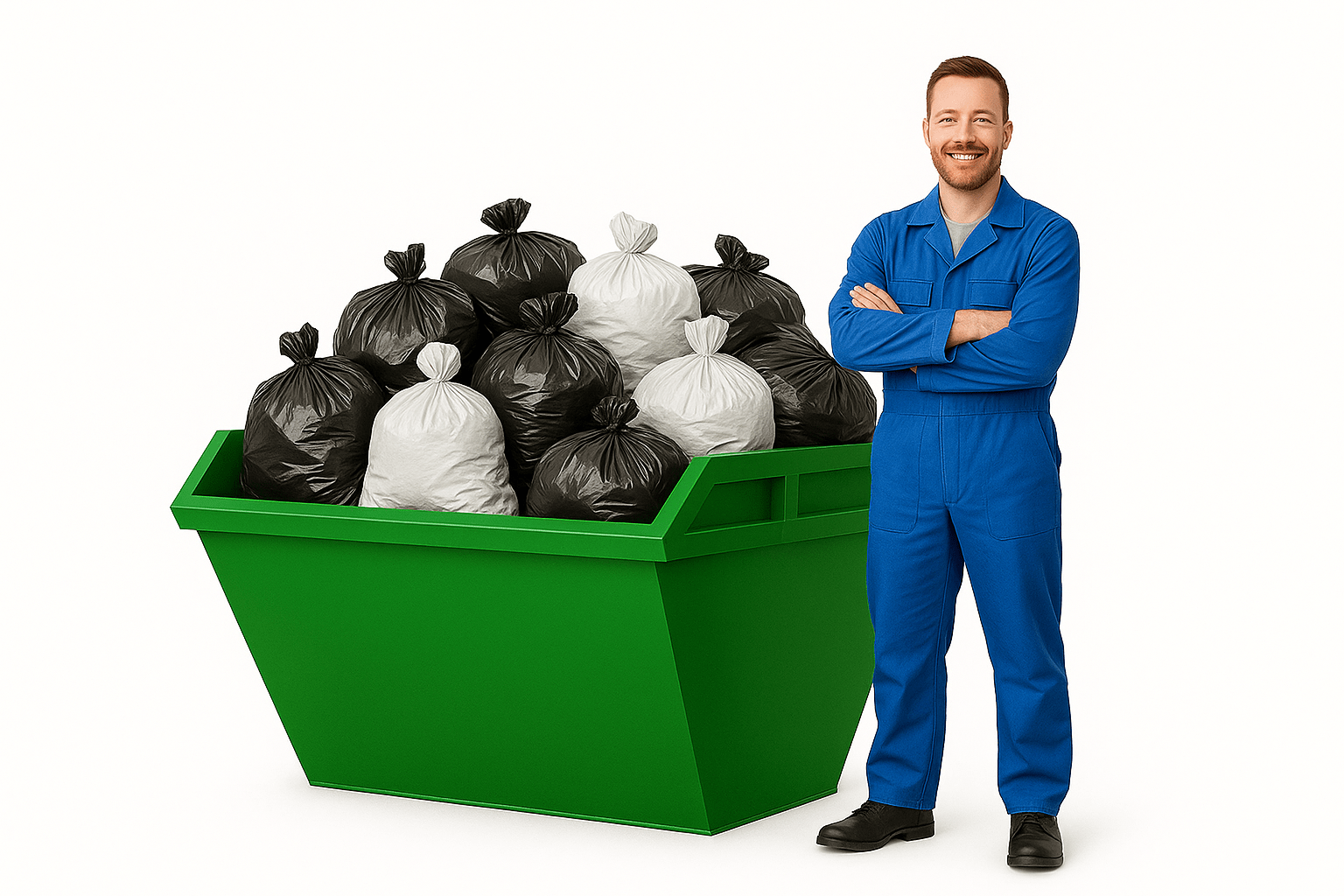8 yard green skip with mixed waste bags, shown next to man for size context